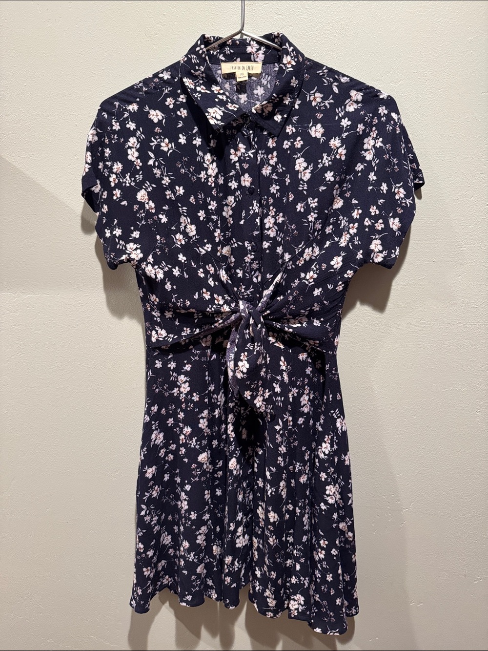Fashion On Earth Navy Blue Floral Short Sleeve Button Down Collared Mini Dress